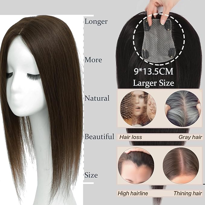 Hair Toppers for Women Real Human Hair, 360° 3D Human with Thinning Upgrade Middle Part Clip in Bangs Topper Hair Pieces for Women Daily(Mocha Brown, 18 Inch-3D-Side)