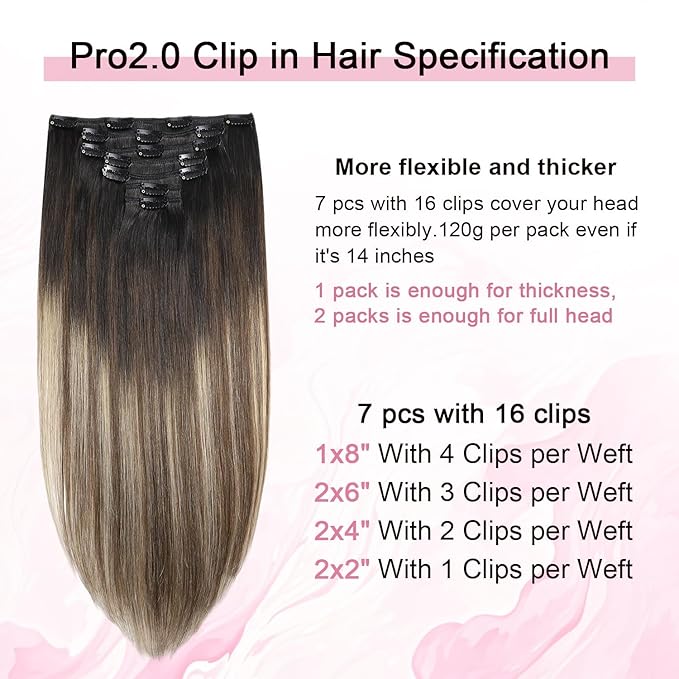Pro2.0 Clip in Hair Extensions Real Human Hair 120g Thick 7pcs #1b/4/27 Natural Black to Chocolate Brown and Caramel Blonde Remy Real Human Hair Extensions Clip ins 14inch（#1b/4/27-14inch）