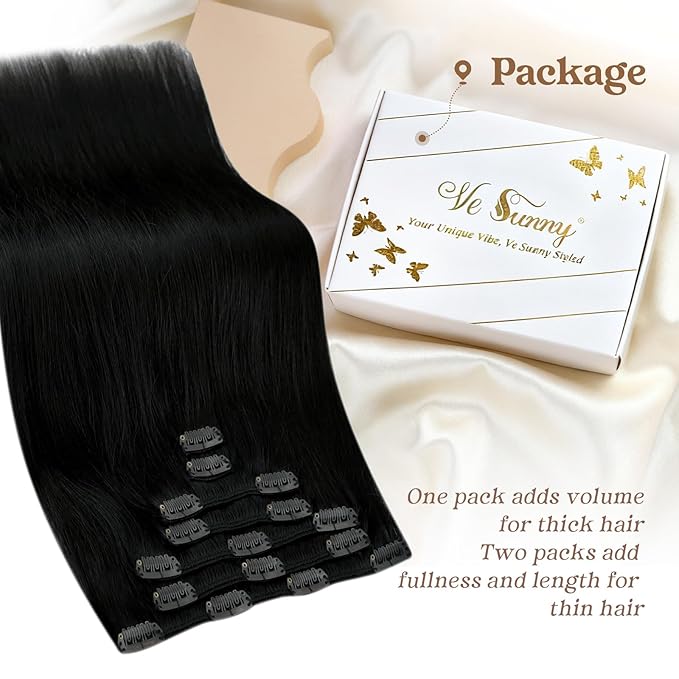 Ve Sunny Black Clip in Human Hair Extensions Remy Human Hair Clip in Extensions 14inch Clip in Hair Extensions Real Human Hair Easy to Wear 100g