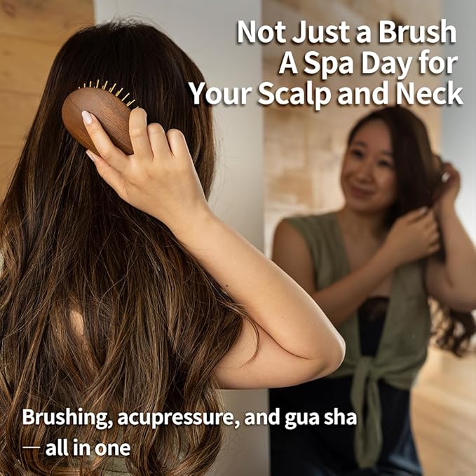 Uffy Acubrusher – 24K Gold-Plated Gua Sha Hair Brush - Ergonomic Scalp Massager for Dandruff & Hair Growth, Suitable for All Hair Types - Ideal Gift Choice in Walnut Wood