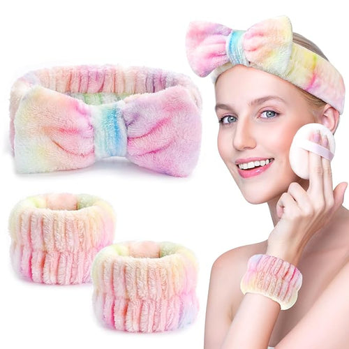 3PCS Spa Headband and Wristbands Set for Women, Soft Microfiber Face Wash Headband with Cute Bow, Elastic Absorbent Wrist Towels, Makeup Skincare Accessories for Facial, Shower, Yoga