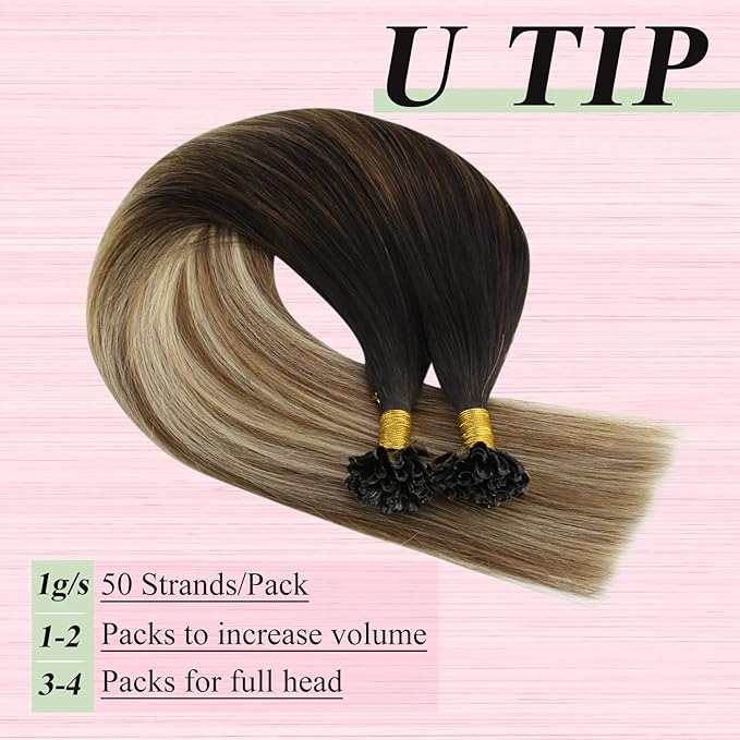 YoungSee U Tip Hair Extensions Brown Balayage U Tip Hair Extensions Human Hair Keratin Hair Extension Real Human Hair Ombre Brown to Blonde Utip Hair Extension Human Hair 22In 1g/s 50g