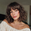 Short Dark Brown Wig with Highlight Wigs for Women Brown Mixed Gold Wig Highlights with Bangs Medium Length Synthetic Hair Wavy Bob Wig Colorful Wigs（14 Inches）