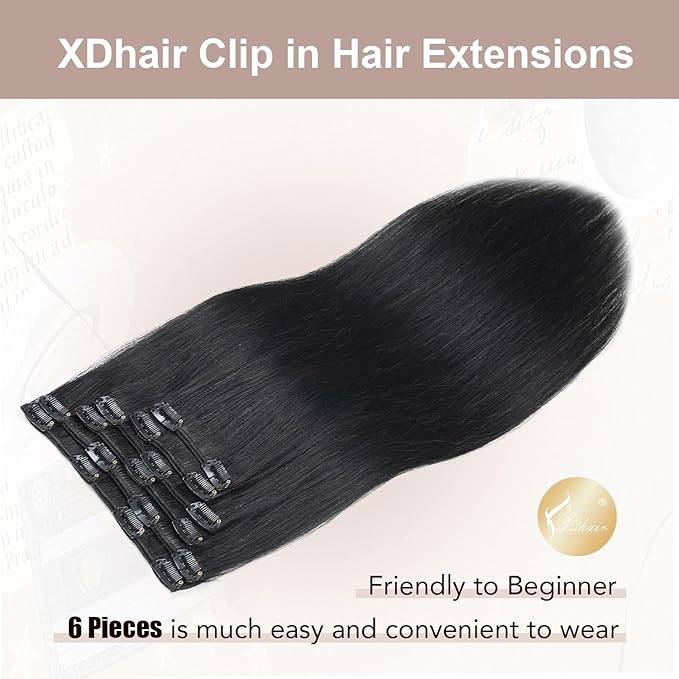 XDhair Black Clip in Hair Extensions Human Hair 100g 14Inch Black Clip in Hair Extensions 6Pcs Straight Real Hair for Women (#1,14Inch)