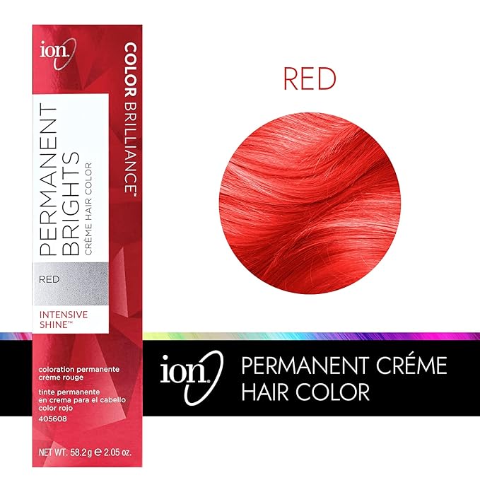 Ion Permanent Brights Creme Hair Color Red, Vegan, Cruelty Free, PPD Free, 100% Gray Coverage, Long Lasting, Fade Resistant Color, 2.05 oz