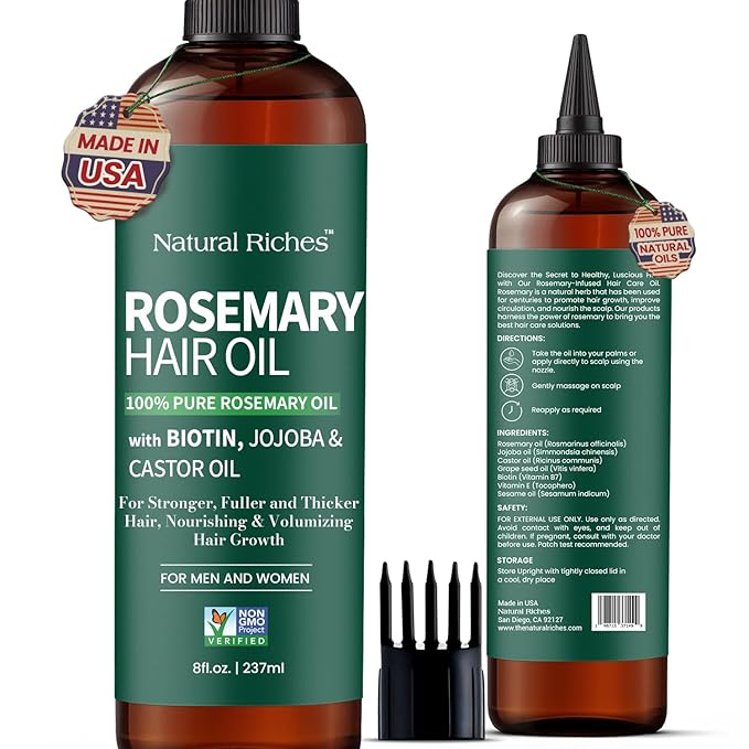 Natural Riches 100% Pure Premium Rosemary Oil For Hair Growth Infused With Biotin & Vitamin E Jojoba & Castor Oil Hair Strengthening Treatment | Nourishing & Volumizing | Non GMO Verified 8 Fl oz.