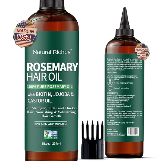 Natural Riches 100% Pure Premium Rosemary Oil For Hair Growth Infused With Biotin & Vitamin E Jojoba & Castor Oil Hair Strengthening Treatment | Nourishing & Volumizing | Non GMO Verified 8 Fl oz.