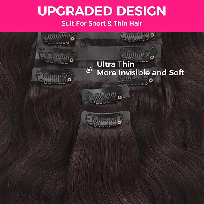 Lashey Seamless Clip in Hair Extensions Human Hair 130g 9pcs 18 Inch Body Wave #2 Dark Brown Clip in Extensions for Women PU Weft Hair Extensions