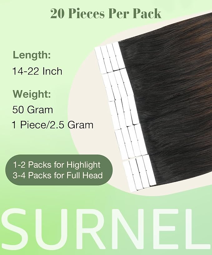 SURNEL Human Hair Tape in Extenions Ombre 1B Off Black Fading To 4 Chocolate Brown Tape in Hair Extensions 16 inch 20pcs 50g(#1BT4-16)