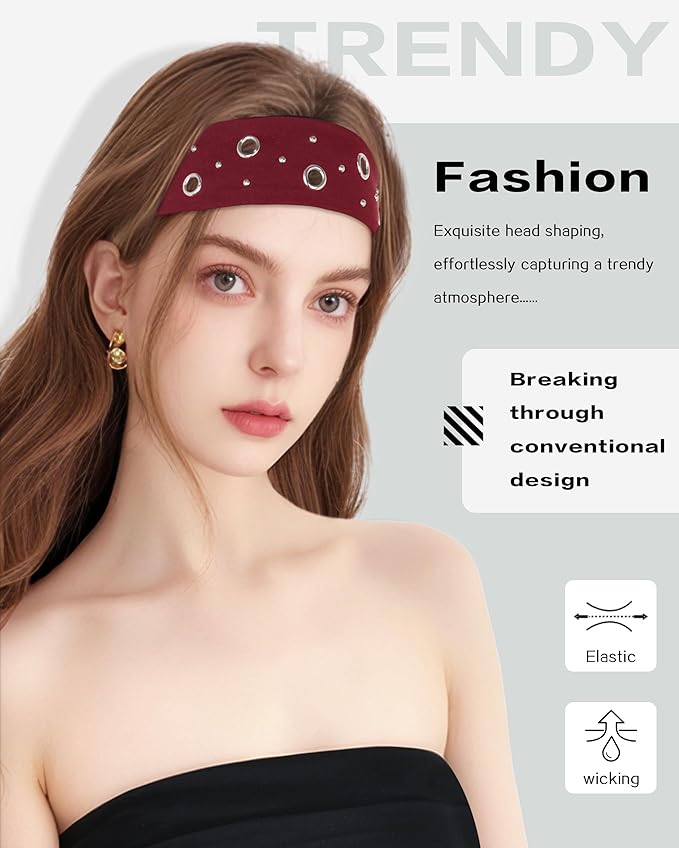 Grommet Headband for Women, Red Round Studs 23cm Hollow Out Elastic Hair Band, Eyelets Punk Grunge Stylish Hairband