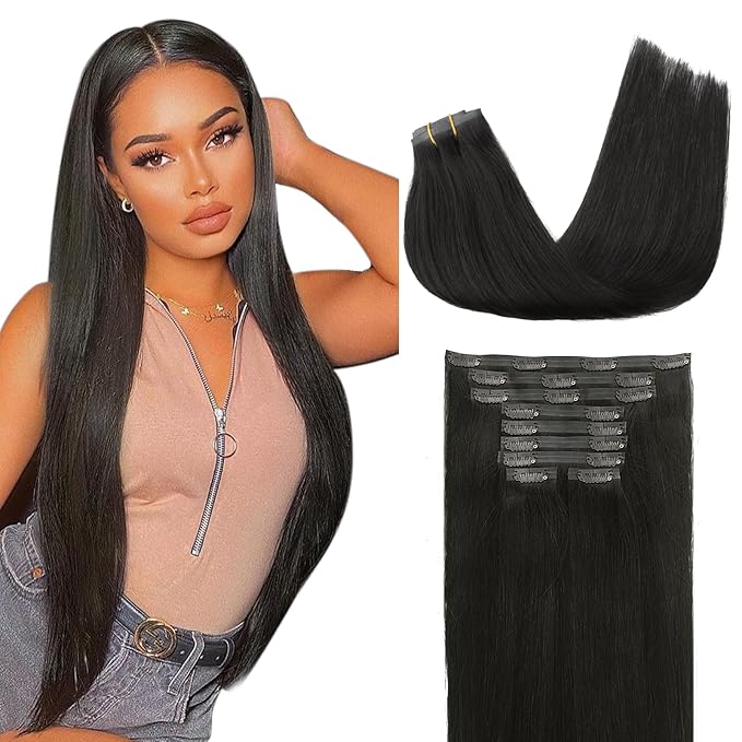 Lashey Seamless Clip in Hair Extensions, 9pcs 150g Straight Remy Human Hair Extensions Clip in 24 Inch #1B Natural Black Real Hair Extensions with 100% Real Human Hair