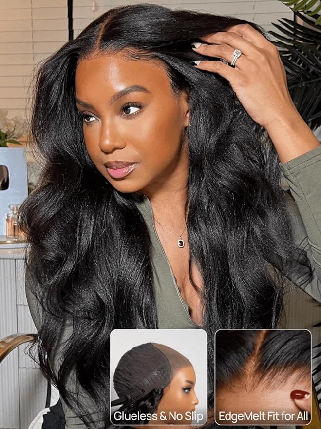 Julia Hair No Slip Yaki Straight 7x5 Lace Closure Glueless Drawstring Wig Flexible Mesh Cap Bye-Bye Slip Pre Cut HD Lace Front Pre Everything Bleached Knots Wear and Go Wig,Zero Slip Hold 16 Inch