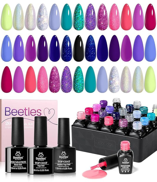 Beetles 20 Colors Gel Nail Polish Kit Midnight Euphoria Collection 23 Pcs Purple Blue Hot Pink Glitter Gel Polish Set Rainbow Soak off Uv Glossy & Matte Top Base Coat Gift for Women
