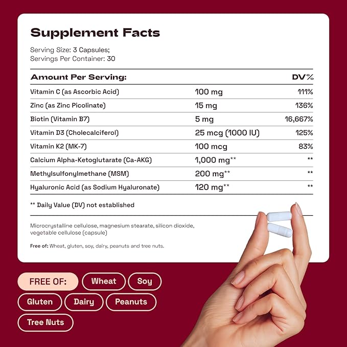 Hair Skin and Nails Supplement with Ca AKG | MSM | Hyaluronic Acid | Biotin | Vitamin C & Vitamin D3 K2 – Supports Radiant Skin, Promotes Shiny Hair & Strong Nails – 180 Capsules (2 Pack)
