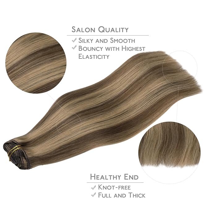 WENNALIFE Clip in Hair Extensions Real Human Hair, 18 Inch 120g 7pcs Remy Hair, Balayage Chocolate Brown to Caramel Blonde Hair Extensions Clip In Real Hair Coloured