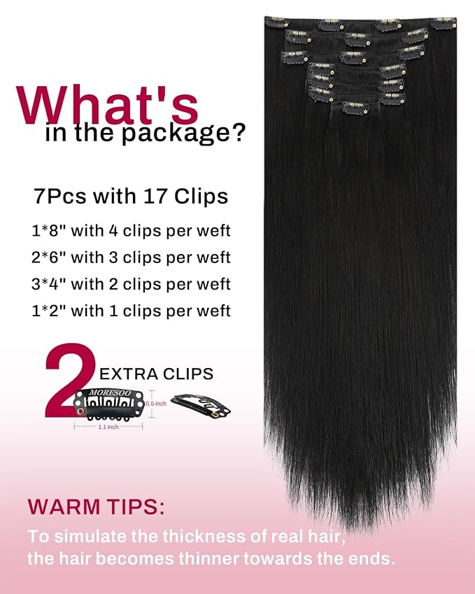 Moresoo Black Clip in Hair Extensions Real Human Hair Clip in Extensions Black Hair Extensions for Women Remy Double Weft 120g/7pcs 20 Inch