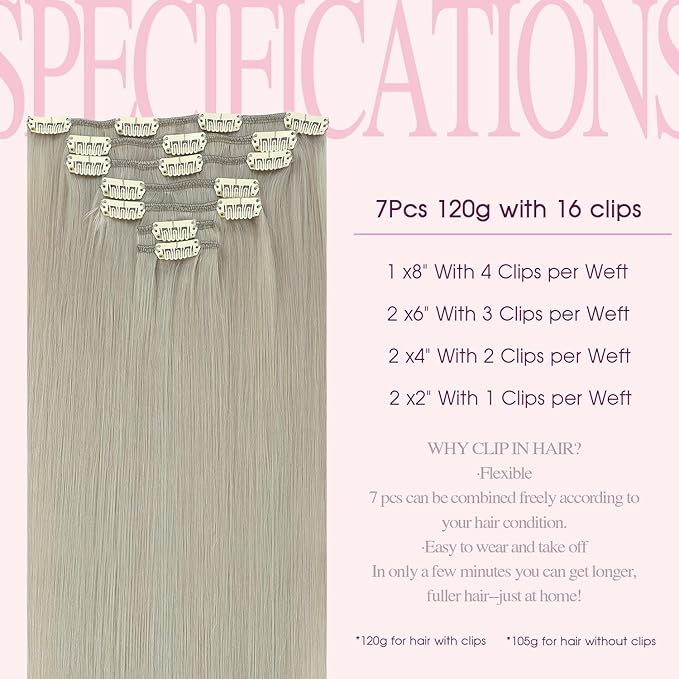 PINKPEARL Clip in Hair Extensions Real Human Hair, 20 Inch 120g 7pcs #1000 Gray Blonde Human Hair Extensions Clip Ins, Remy Hair Clip ins(#1000-20)
