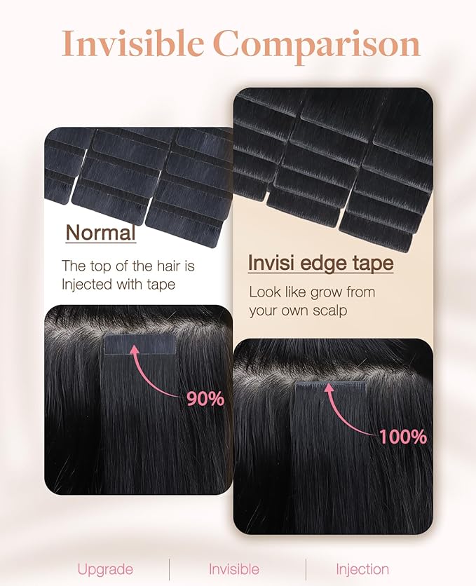 GOO GOO Invisi Edge Tape in Hair Extensions Human Hair, 1 Jet black 20pcs injected with 20pcs classical tape ins, 20inch 100g, Virgin Remy Hair, Natural Look