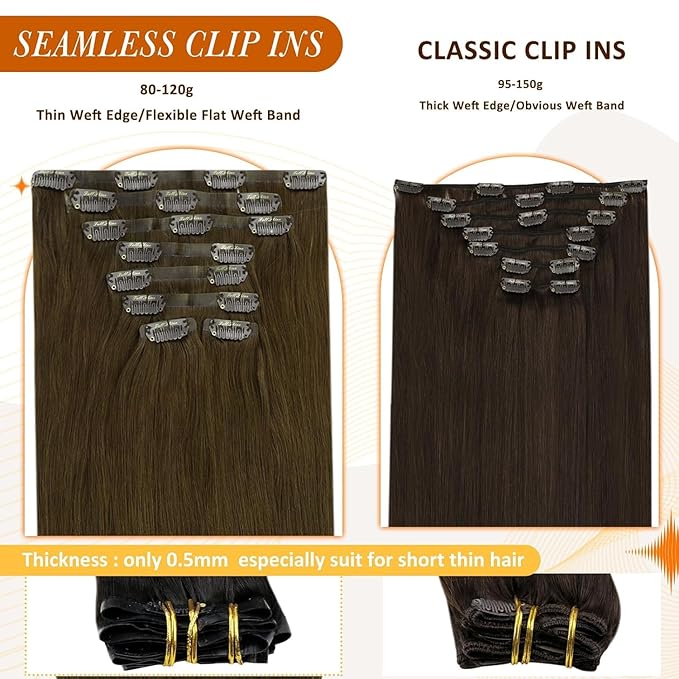 Full Shine Clip in Hair Extensions Real Human Hair 22 Inch Medium Chestnut Brown Seamless Human Hair Clip in Extensions with PU Weft for Long Hair 8 PCS 120 G