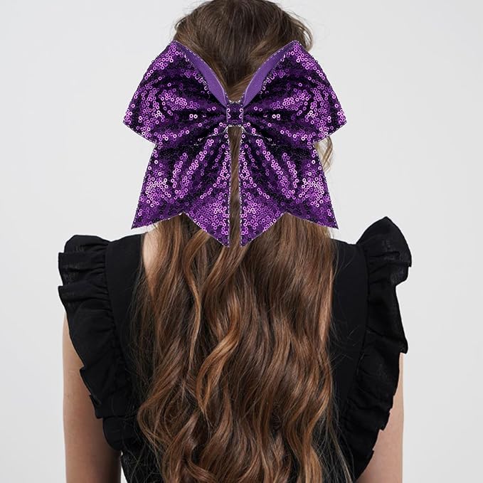 Large Glitter Cheer Bows Clips, Jumbo Big 7 Inch Cheerleading Sequin Hair Bow Hair Accessories for Teens Girls Football Sports Cheerleader Outfit Uniform (Dark Purple)
