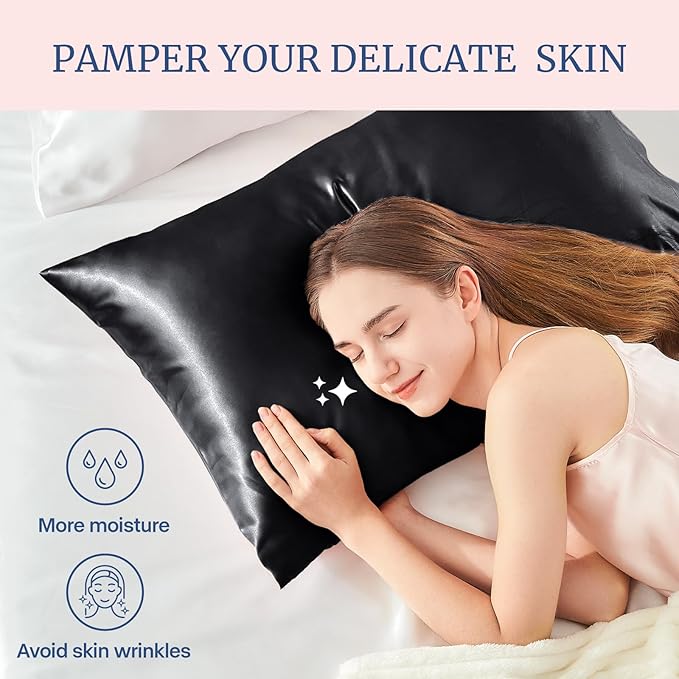 BEDELITE Satin Pillowcase for Hair and Skin, Super Soft and Cooling Similar to Silk Pillow Cases 2 Pack with Envelope Closure, Gift for Women Men(20"x30" Queen Size, Black)