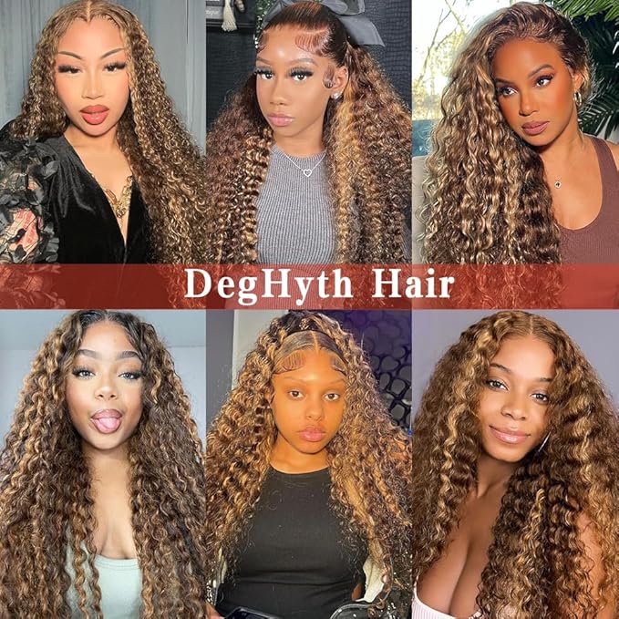 Highlight Ombre 13x6 Lace Front Wig Human Hair Deep Wave Honey Blonde Glueless HD Transparent Lace Frontal Wigs for Women 180 Density Human Hair (highlight ombre deep wave, 28 inch)