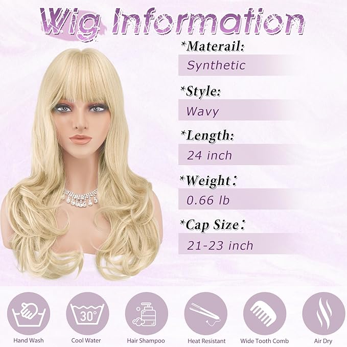 Haloo Blonde Wigs with Bangs Long Wavy Layered Haircut Natural Looking Fluffy Synthetic Heat Resistant Hair Wig for Women Daily Party, 24 Inch