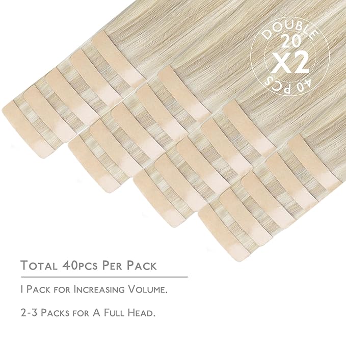 WENNALIFE Tape in Hair Extensions Human Hair, 40pcs 100g 22 inch Ash Blonde Highlighted Platinum Blonde Hair Extensions Real Human Hair Straight Tape in Extensions Invisible Human Hair Extensions