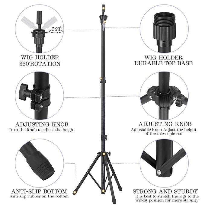 Auroras Mannequin Head Stand, Wig Stand Tripod, Adjustable Wig Head Stand with Carrying Bag, Wig Tripod for Cosmetology Hairdressing Training (Mannequin Head Not Included)