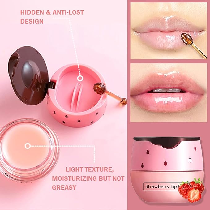 4 PCS Bee Lip Balm Honey Pot,Strawberry&Watermelon&Honey&Apple Lime Lip Mask Overnight Hydrating Prevention Dry and Cracked Lip Scrubs Exfoliator Lip Care, Lip Sleeping Mask Reduces Lip Lines