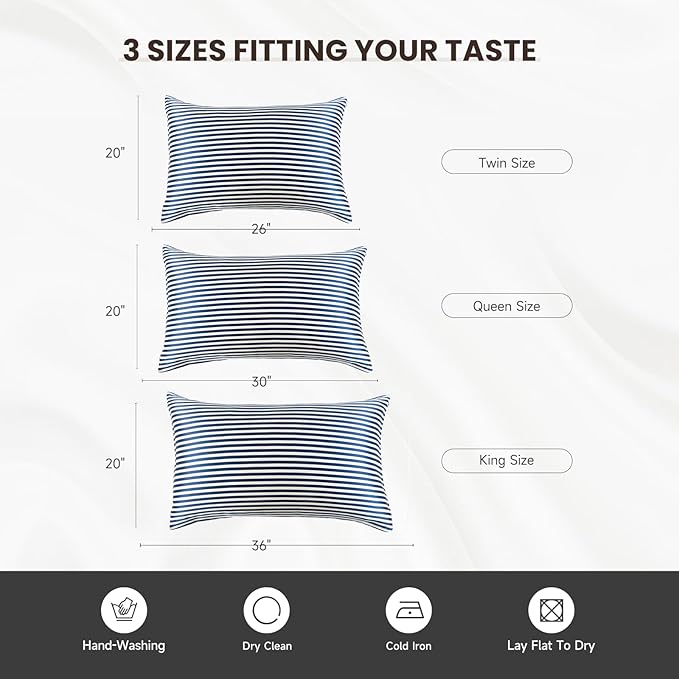 THXSILK Mulberry Silk Pillowcase for Hair and Skin Health, Grade 6A+ Mulberry Silk Pillowcase with Hidden Zipper, Soft and Breathable, 1pc (King 20"x36", Blue White Stripes)