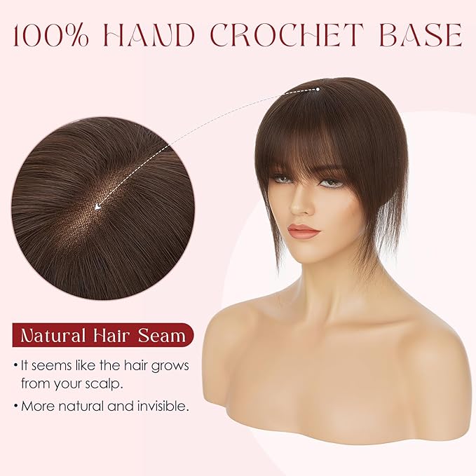 Human Hair Topper with Bangs for Women, 360° Cover Clip in Fringe Bangs Hair Toppers Hair Piece Dark Brown-3.15x4.33 Hand-tied Base (Dark Brown)