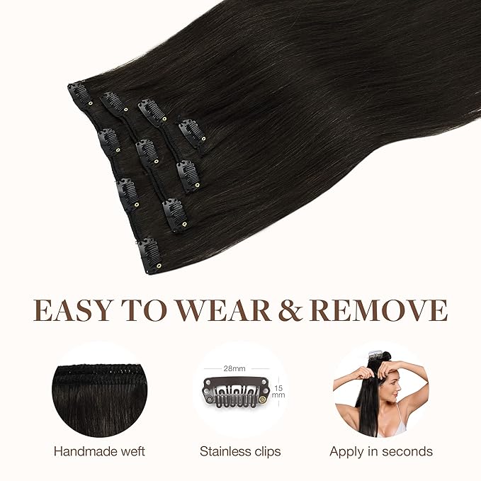 GOO GOO Clip in Hair Extensions Real Human Hair, Remy Human Hair Extensions Clip ins for Women, Natural Human Hair, 14inch 60g 4Pcs, 2 Dark Brown