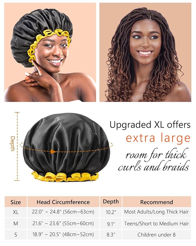 mikimini Extra Large Black Shower Caps Pack of 2 for Women and Men Thick Long Hair Braids, Reusable Waterproof Double Layers XL Bathing Hair Cap with Vibrant Yellow Edge (Black)