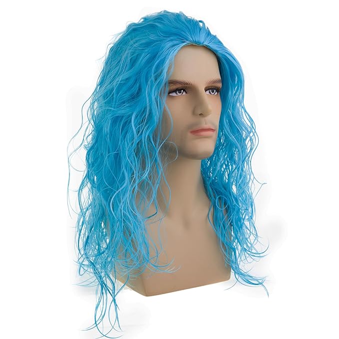 Baruisi Long Curly Wavy Blue Wigs for Men Synthetic Party Halloween Cosplay Hair Wig,Light Blue