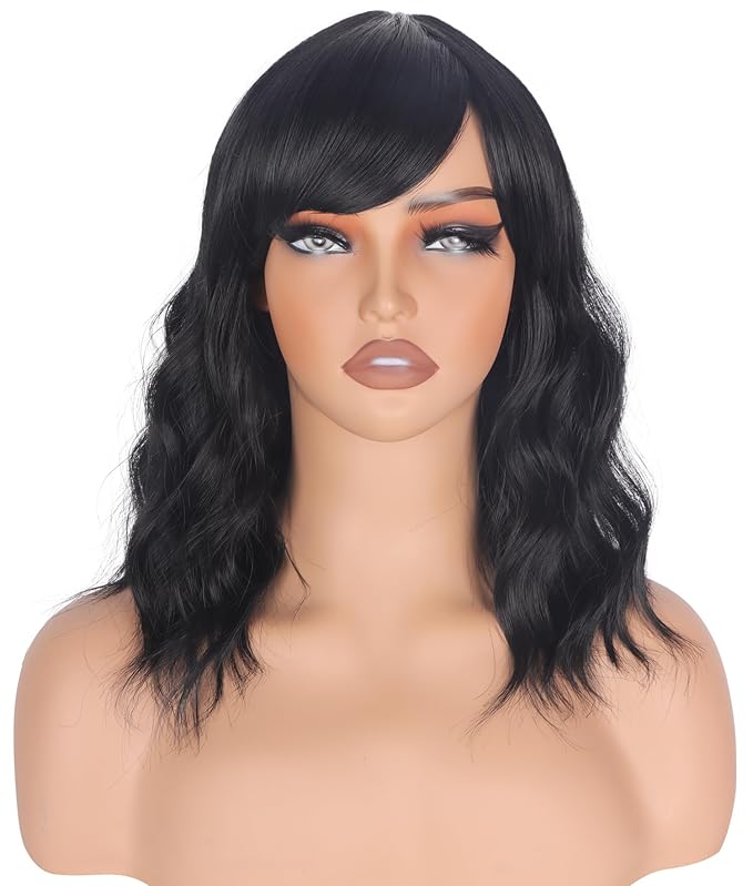 Shoulder Length Natural Black Wavy Bob Wigs For Women Short Wavy Wigs With Bangs Synthetic Wavy Wigs Heat Resistant Daily Use Wigs(Natural Black)