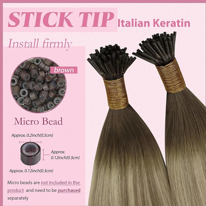 YoungSee I Tips Hair Extensions Human Hair Ombre Itips Hair Extensions Ombre Dark Brown to Light Brown with Blonde I-Tip Extension Balayage 20In Keratin Hair Extensions Volume-Adding 50s 50g