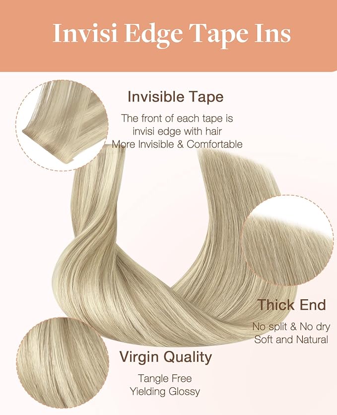 GOO GOO Invisi Edge Tape in Hair Extensions Human Hair, 17A/60A Ash Blonde Highlighted Platinum Blonde 10pcs injected with 10pcs classical tape ins, 14inch 50g, Virgin Remy Hair, Natural Look