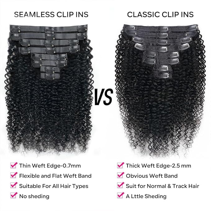 Seamless Curly Clip in Hair Extensions Real Human Hair Brazilian Virgin Human Hair Clip in Extensions 8Pcs Seamless Clip ins for Black Women with 18Clips PU Skin Weft 120g 18inch Natural Black