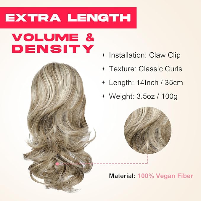 Ponytail Extension - 14" Claw Clip in Ponytail Hair Extensions Natural Soft Synthetic Layered Wavy Pony Tail Hair Pieces for Women - Ash Brown with Highlights