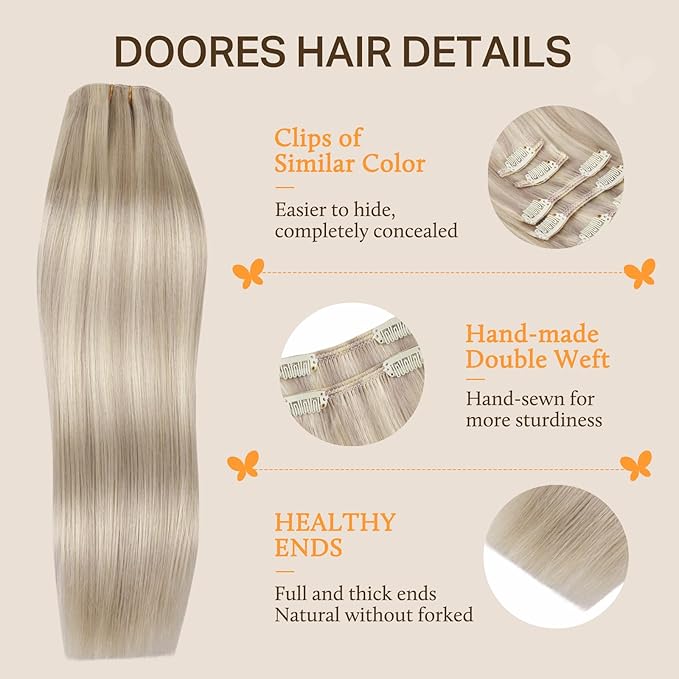 DOORES Human Hair Extensions, Soft Honey Blonde Highlight Platinum Blonde 20 Inch 120g 7pcs, Clip in Hair Extensions Natural Thick Weft for Women Straight Weft Gift