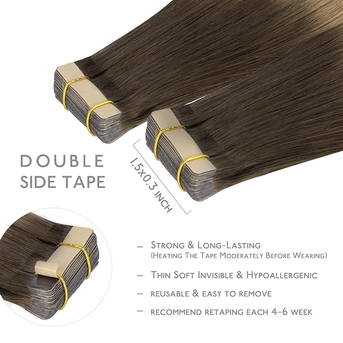 WENNALIFE Tape in Hair Extensions Human Hair, 20pcs 20 inch 50g Ombre Walnut Brown to Ash Brown and Bleach Blonde Remy Tape Hair Extensions Real Human Hair Tape Extensions Coloured Hair Extensions