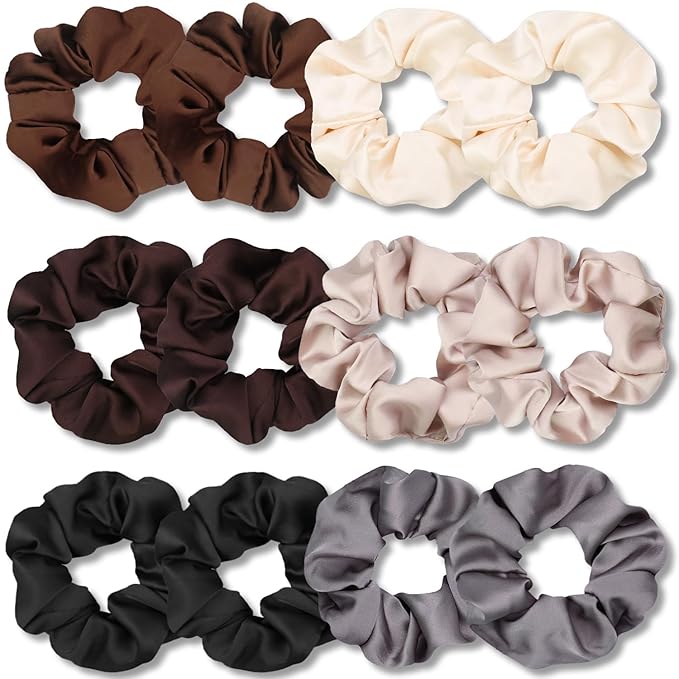 IVARYSS Scrunchies for Sleep, Premium Satin Soft Than Silk, Cute Bands Ties for Women, Girls - Curly, Thin & Thick Hair Styling, 12 Pack, Neutral Colors