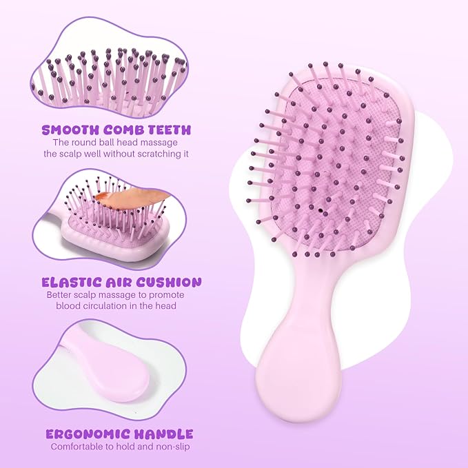 Mini Hair Bursh for Women and Girls, Protable Travel Size Hair Brush for Pockets Purses, Mini Detangler Brush for All Hair Types, Small Paddle Brush for Detangling(Purple)