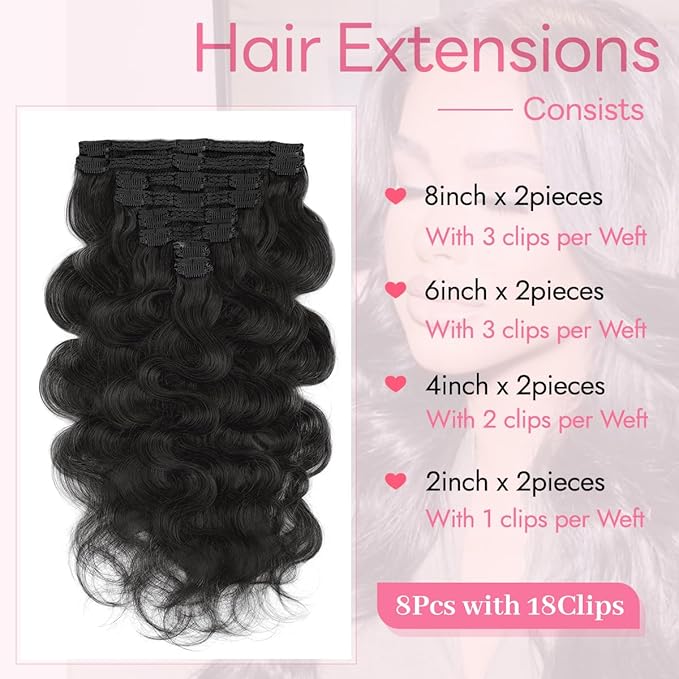 Clip in Hair Extensions Real Human Hair Body Wave 1B Natural Black Clip in 100% Brazilian Remy Human Hair Extensions 8pcs Per Set with 18 Clips Double Weft 16 Inch 90g/3.6oz