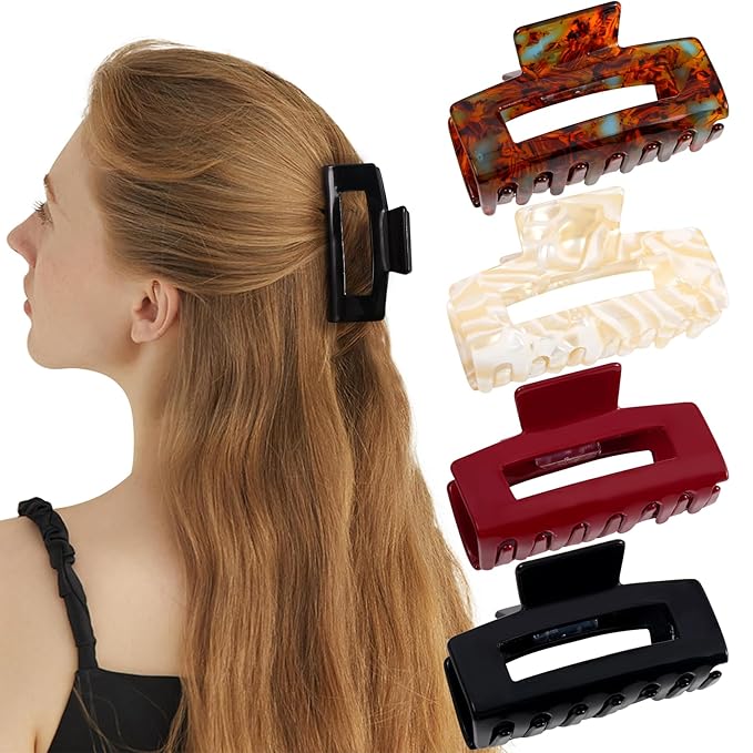 Jayongnee Hair Claw Clips - 4Pcs Medium Clips for Thick or Thin Hair - Square Claw for Women - Rectangle Hair Clips Nonslip Acrylic Hair Accessories for Girls (red,black,cream,amber)