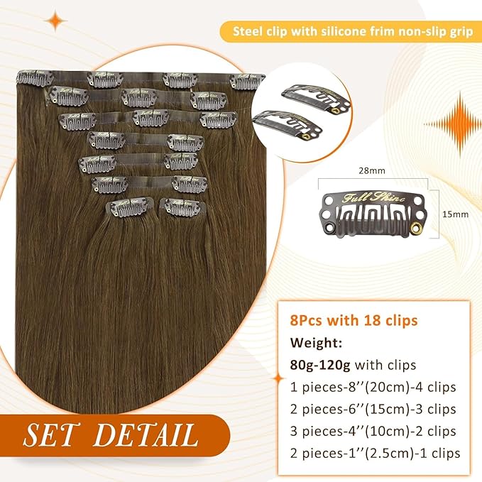 Full Shine Seamless Clip in Hair Extensions Human Hair Medium Brown Hair Extension Clip ins Straight PU Weft for Short Hair Ease of Use 12 Inch 95 Grams 8 PCS