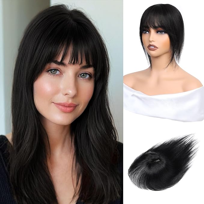 Hair Toppers for Women Clip in Bangs Real Human Hair,10 Inch 30g Natural Black Topper for Women 150% Density Silk Base Clip in Pieces Straight Hair for Thin Hair Daily Use