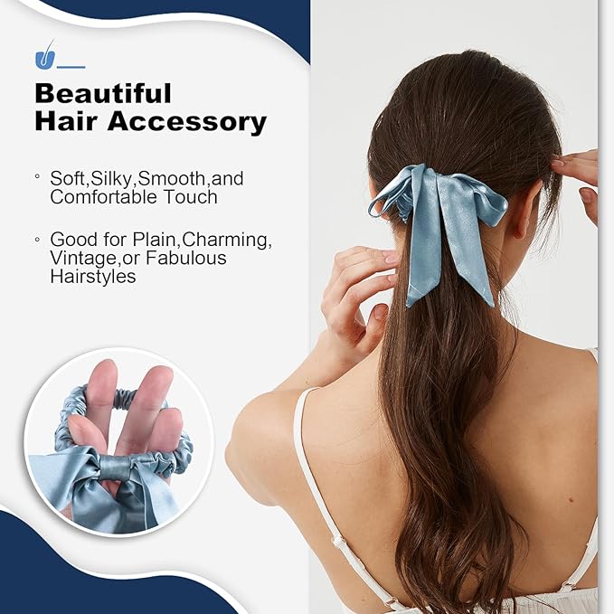 1 Piece Silk Bow Scrunchies for Hair-100% Pure Mulberry 22 Momme Silk Hair Tie, Elastic Ponytail Holder, Elegant Soft Bow Hair Ties Band for Women Hair Care, Multiple Colours (MIST BLUE)