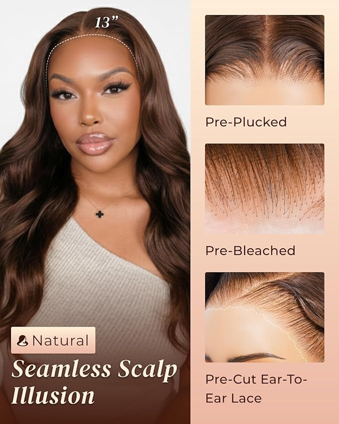 Arabella 13x6 Lace Front Wig Human Hair HD Transparent Chocolate Brown Body Wave Lace Front Wigs Human Hair Pre Plucked Glueless Frontal Wig 22 Inch